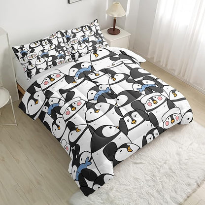 CVHOUSE Cartoon Penguin Bedding Set Twin Cute Animal Pattern Kids Teen Comforter Set 3 Pieces with 1 Comforter + 2 Pillow Cases Decor Comforter Set Cute Penguin Animal Pattern