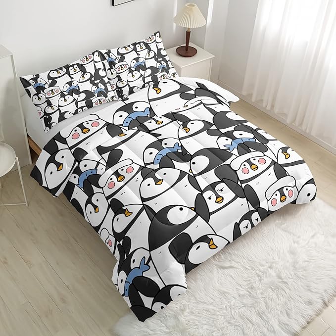 CVHOUSE Cartoon Penguin Bedding Set - 3 Pieces (1 Comforter + 2 Pillow Cases) - Twin, Full, Queen Sizes - Black