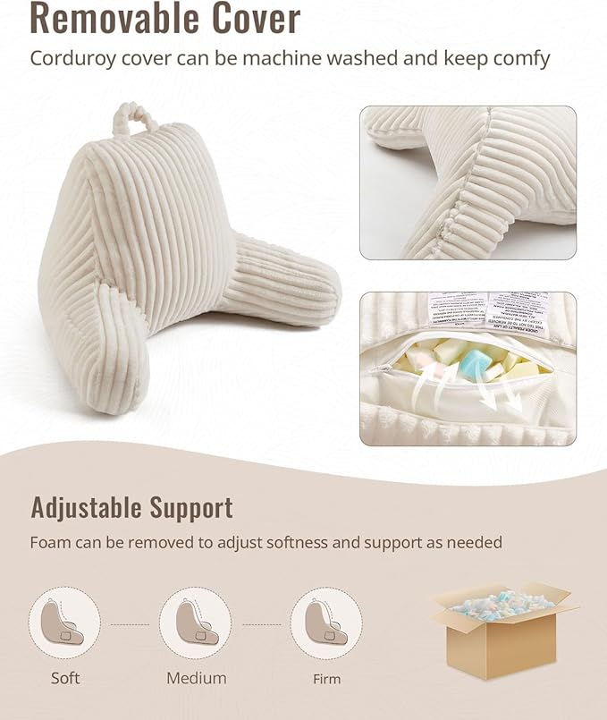 Blissful Diary Reading Pillow for Sitting in Bed, Large Flannel Back Pillow Bed Sitting Up for Adult & Children, Backrest Cushion for Sit Up in Couch or Floor, Dorm Essentials, Cream White