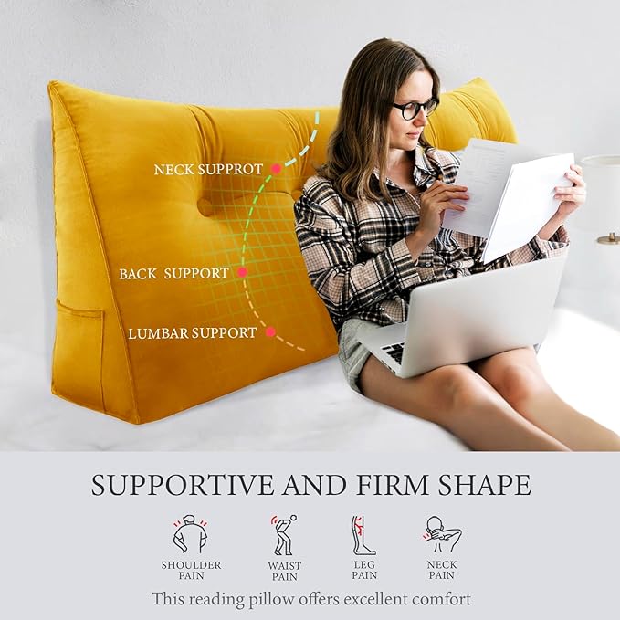 14 lbs Thickened King Headboard Pillow for Sitting Up in Bed, Back Support Reading Pillow with Side Pocket and Velvet Removable Cover, Triangular Large Wedge Headboard Pillow