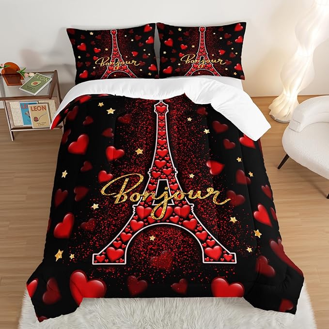 Eiffel Tower Twin Size Comforter Sets,Red Loving Heart Romantic Couple Bedding Set,Paris Bedding Comforter Sets for Women Room Eiffel Tower Decor with 2 Pillowcases.