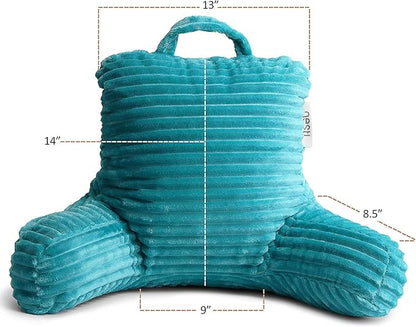 Clara Clark Reading Pillow for Kids – Back Pillow for Sitting in Bed, Plush Bed Pillows for Sitting Up in Bed, Teal Kids Reading Pillow, Shredded Foam Bed Chair Pillow with Arms and Pockets