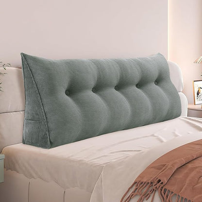 Daneey Headboard Pillow Queen, Triangular Wedge Headboard Pillow with Soft Corduroy Fabric, Wedge Bed Backrest Pillow for Sitting Up, Reading or Working, Long Bolster Pillow with Removable Cover, Gray