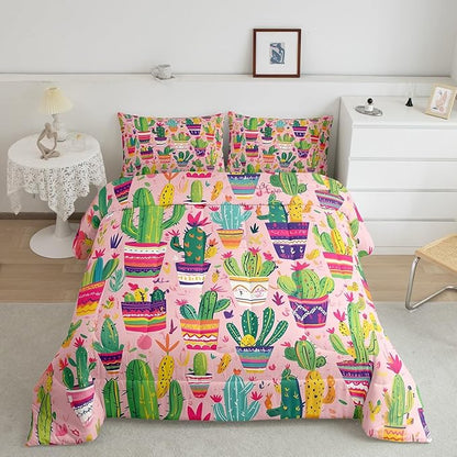 Cartoon Cactus Bedding Set Full Size Colorful Bohemia Exotic Comforter Set for Girls Boys Room Decor Cute Hand Drawn Down Comforter Tropical Flowers Quilt Set with 2 Pillowcases