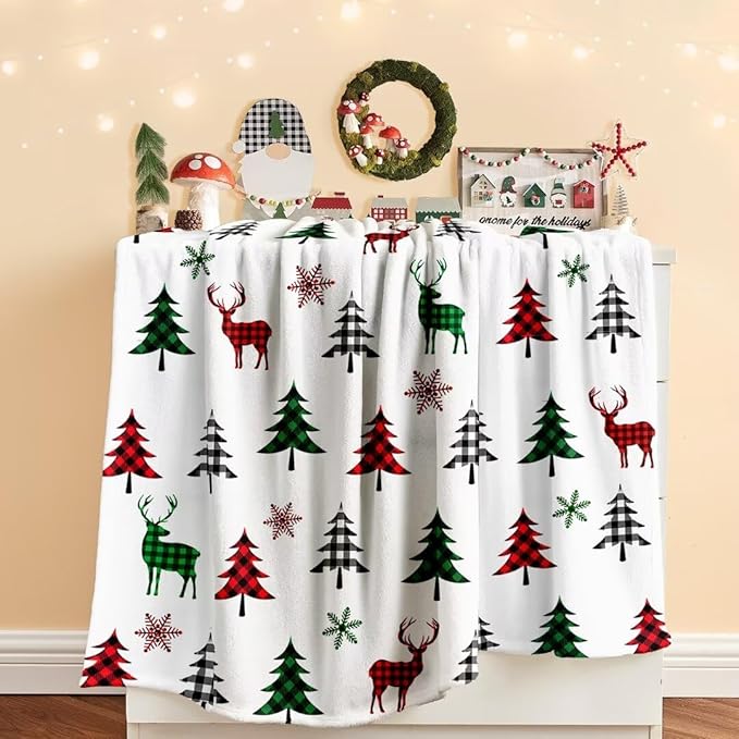 Christmas Tree Deer Flannel Throw Blanket Soft Plush for Couch Sofa Bed Christmas Home Decor 50x60