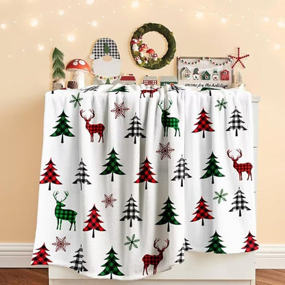 Christmas Tree Deer Flannel Throw Blanket Soft Plush for Couch Sofa Bed Christmas Home Decor 50x60