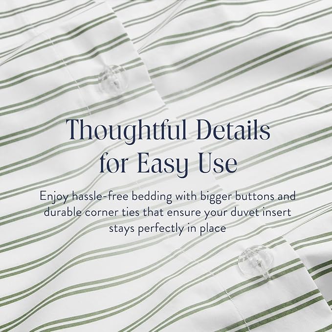Brooklinen Luxury Sateen Duvet Cover - 100% Cotton, King/California King Size in Green Tandem Stripe with Extra-Long Corner Ties and Button Closure - Best King/Cali King Duvet Covers