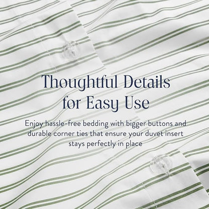Brooklinen Luxury Sateen Duvet Cover - 100% Cotton, King/California King Size in Green Tandem Stripe with Extra-Long Corner Ties and Button Closure - Best King/Cali King Duvet Covers