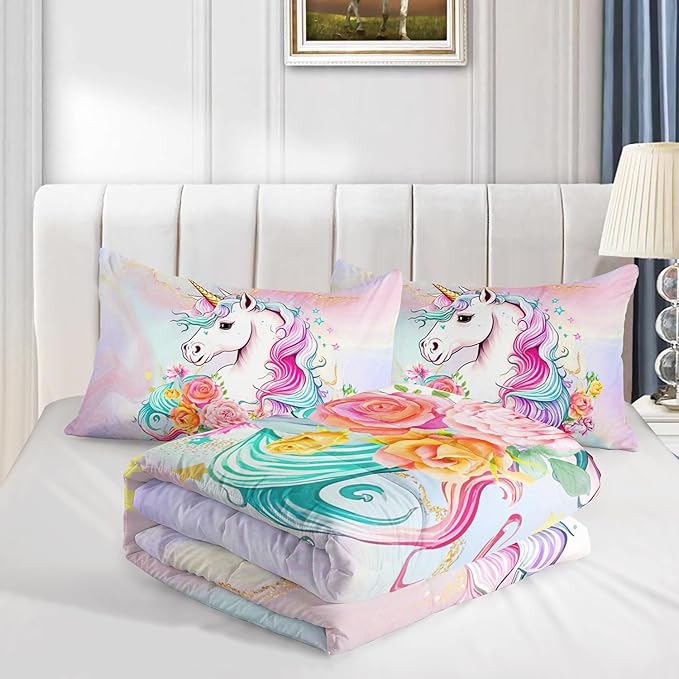 Kid Unicorn Comforter Set Queen Size 3Pcs Star Rose Marble Pattern Quilt Bedding Set for Boys Girls with 1 Comforter and 2 Pillowcases