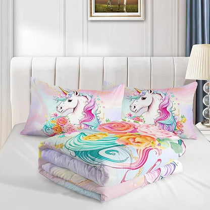Kid Unicorn Comforter Set Full Size 3Pcs Star Rose Marble Pattern Quilt Bedding Set for Boys Girls with 1 Comforter and 2 Pillowcases