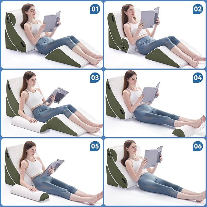 Wedge Pillow Set for After Surgery, 4 PCS Bed Wedge Pillow for Sleeping, Memory Foam Orthopedic Back Pillow for Pain Relief and Acid Reflux, Adjustable Post Surgery Pillow Green
