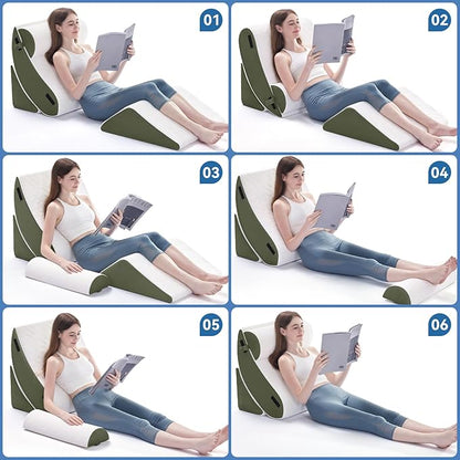 Wedge Pillow Set for After Surgery, 4 PCS Bed Wedge Pillow for Sleeping, Memory Foam Orthopedic Back Pillow for Pain Relief and Acid Reflux, Adjustable Post Surgery Pillow Green