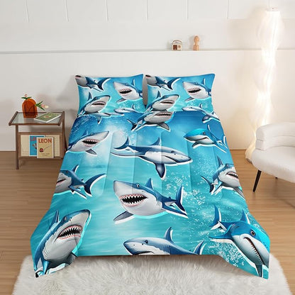 HOSIMA Teens Shark Print Bedding Sets King Size,Shark Swimming in The Underwater World Pattern Comforter Sets for Kids Boys Girls,Ocean Animal Theme Comforter Sets with Two Pillowcases.