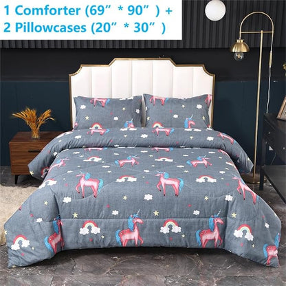 SDIII 3PCS Gray Unicorn Comforter Set Twin, Soft Microfiber Lightweight Twin Girls Comforter, Princess Unicorn Bedding Quilt for Girls Kids and Teens