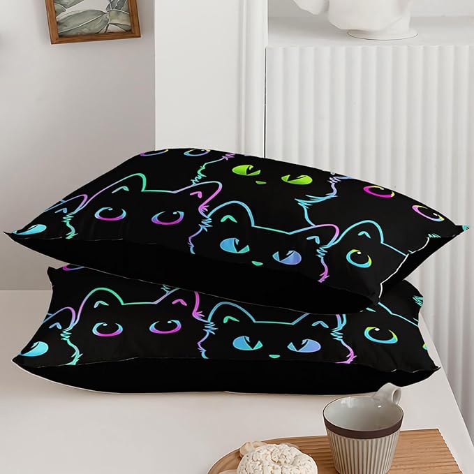 Axolotl Kids Cartoon Cat Bedding Comforter Set,Gradient Line Cute Cat Bedding Set for Teens,Colorful Neon Cats Comforter for Boys Girls Adults,1 Animal Quilt 2 Pillow Cases,King Size Black