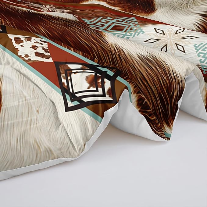 Boho Animal Fur Comforter Set 3 Pieces Queen Size, Mixed Coffee Brwon and White Long Hair for Boys Girls, 3 Pieces Warm Fuzzy Cozy Decorative Room with 2 Pillowcases All Seasons.