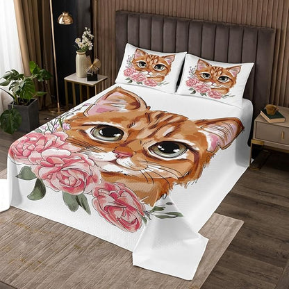 Feelyou Girls Cat Quilted Coverlet for Kids Daughter Cute Kitten Print Coverlet Set Rose Floral Flowers Bedspread Pet Cat Pattern Quilted Room Decor Queen Size Bedding Collection