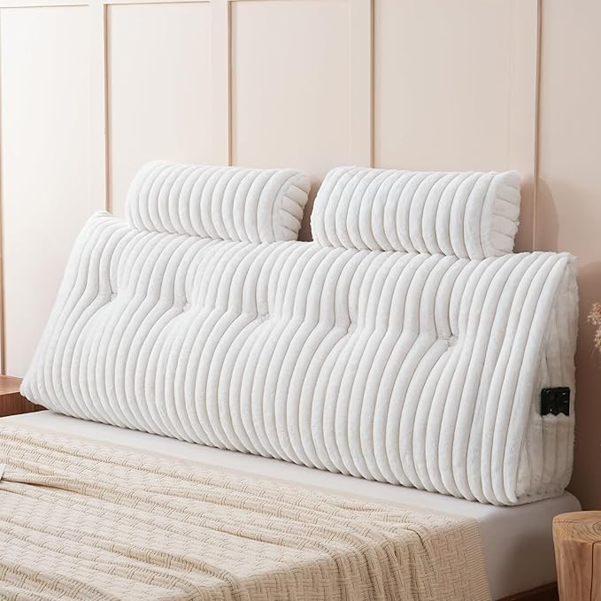 YOUR MOON Large Wedge Headboard Pillow King for Back with 2 Roll Pillows, Faux Fur Backrest Cushion with Shredded Memory Foam, Triangular Wedge Reading Pillow for Bed Sitting Up Sleeping, White