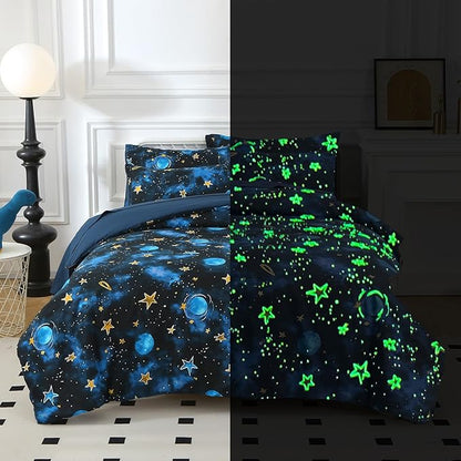 Glow in The Dark Kids Comforter Set， 4 Pieces Blue Space Bedding Set Full Size for Boys Girls Teen, 1 Comforter, 1 Pillowcase, 2 Pillow Shams