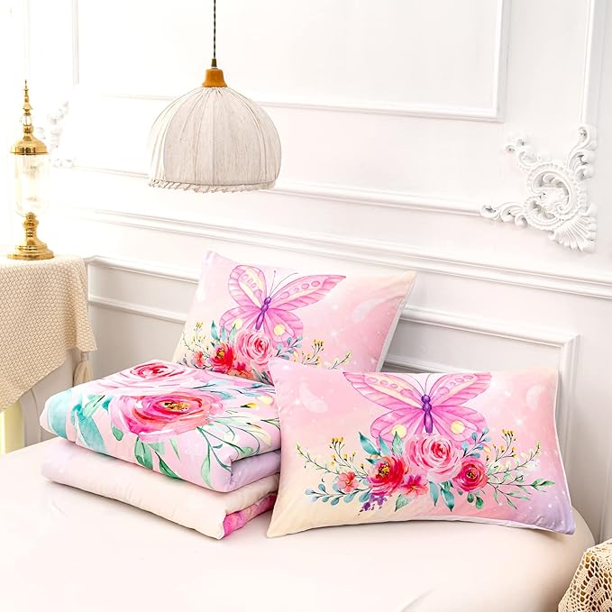 CVHOUSE Butterfly Comforter Set,Floral Butterfly Bedding Set for Girls Kids Teens,Flower Butterflies Comforter Butterflies Duvet Set Room Decor Quilt Set Twin Size