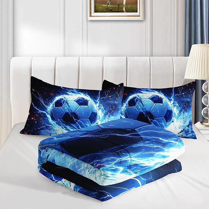 Soccer Print Comforter 3Pcs Full Ball Sport Football Bedding Set for Kid Teen Girl Boy Adult Sports Games Soccer Blue Lightning Thunderstorm Quilt Room Decor with 1 Comforter and 2 Pillowcases