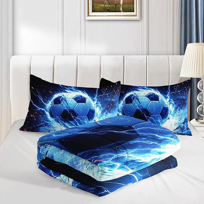 Soccer Print Comforter 3Pcs Queen Ball Sport Football Bedding Set for Kid Teen Girl Boy Adult Sports Games Soccer Blue Lightning Thunderstorm Quilt Room Decor with 1 Comforter and 2 Pillowcases