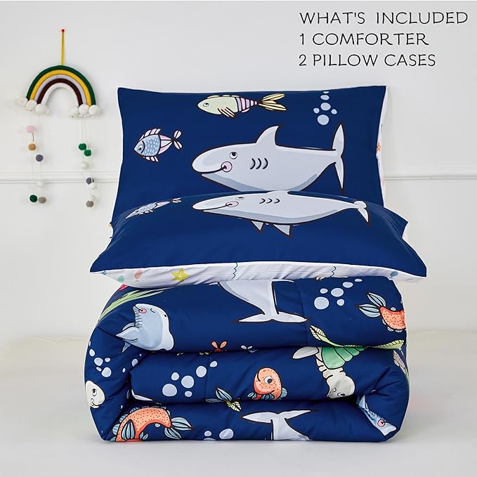 RYNGHIPY Kids Bedding Set for Queen Bed Reversible Ocean Animals Print Comforter Set for Boys Girls Easy-Wash Super Soft Microfiber Bed Set (Navy Ocean,Queen)