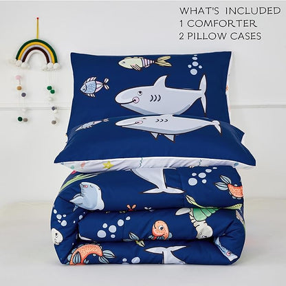 RYNGHIPY Kids Bedding Set for Queen Bed Reversible Ocean Animals Print Comforter Set for Boys Girls Easy-Wash Super Soft Microfiber Bed Set (Navy Ocean,Queen)