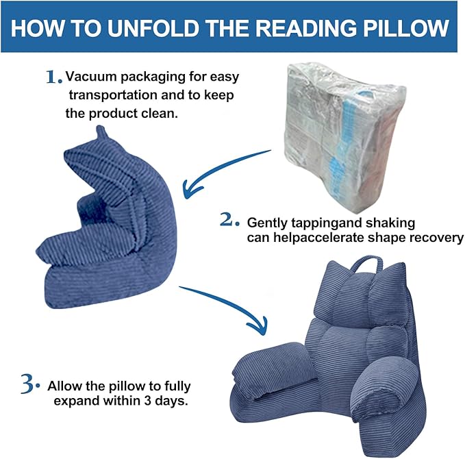 RRPAHWTV Reading Pillow for Bed with High Arm Rests,Back Support Pillow for Sitting Up in Bed with Shredded Memory Foam for Reading, TV, Gaming or Relaxing on Floor（Dark Blue, Small）