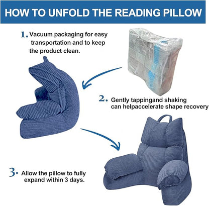 RRPAHWTV Reading Pillow for Bed with High Arm Rests,Back Support Pillow for Sitting Up in Bed with Shredded Memory Foam for Reading, TV, Gaming or Relaxing on Floor（Dark Blue, Small）