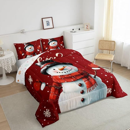 Erosebridal Snowman Comforter Set for Kids Boys Girls,Vintage Burgundy Christmas Bedding Set King,Xmas Snowflake Duvet Insert,Merry Christmas Down Comforter with 2 Pillowcases Lightweight Warm