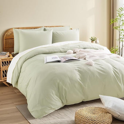 NEXHOME PRO Duvet Cover Set California King Linen Feel Textured Organic Natural 100% Washed Cotton Duvet Cover 3 Pieces Bedding Set Zipper Closure, Breathable, Soft, Mint Green (No Comforter)