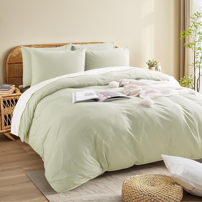 NEXHOME PRO Duvet Cover Set King Size Linen Feel Textured Organic Natural 100% Washed Cotton Duvet Cover 3 Pieces Bedding Set with Zipper Closure, Breathable, Soft, Mint Green (No Comforter)
