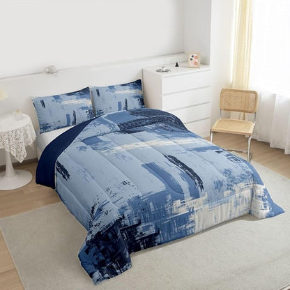 Feelyou Abstract Bedding Set Kids Modern Abstract Art Comforter Set Light Blue Black Comforter for Boys Room Decor Lightweight Duvet Set King Size with 2 Pillow Case