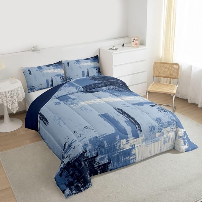 Feelyou Abstract Bedding Set Kids Modern Abstract Art Comforter Set Light Blue Black Comforter for Boys Room Decor Lightweight Duvet Set Queen Size with 2 Pillow Case