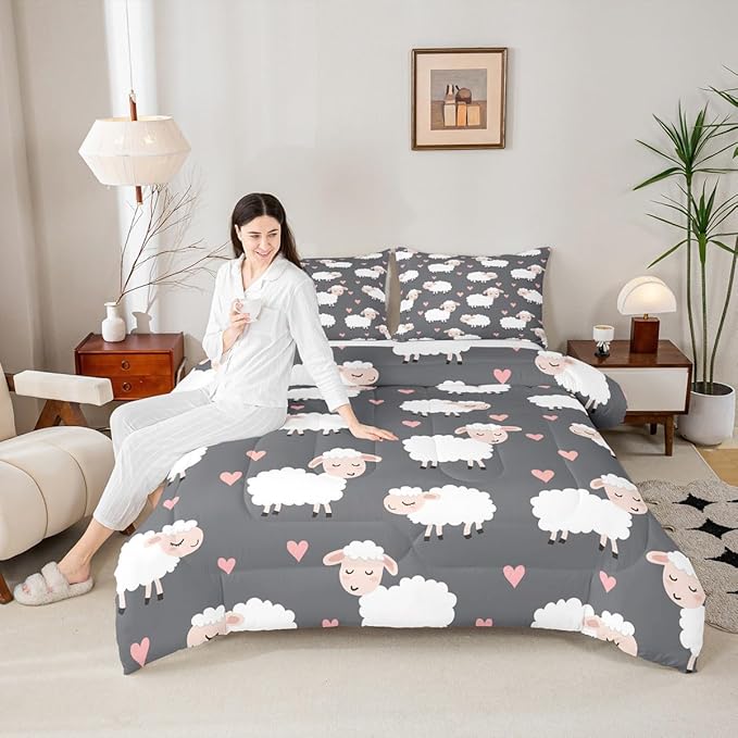 Cartoon Sheep Kids Comforter Set,Cute White Farm Animals Bedding Set for Boys Girls Teens,Romantic Pink Hearts Decor Graffiti Comforter Duvet Set with 2 Pillowcases Full Size 3 Pcs