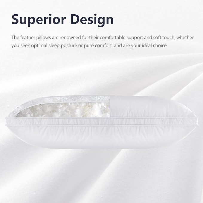 Set of 2 Standard Size Down Pillows - Goose Feather & Down Blend Pillows 440 Fill Power, 100% Cotton Cover, Hypoallergenic, Medium Support