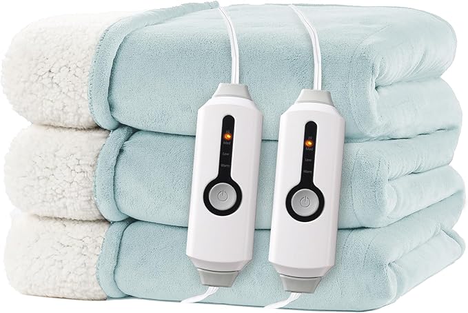 Electric Heated Blanket King Size 90"x100" - Dual-Sided with Microplush & Sherpa Fabric, 4 Heat Settings & 10 Hours Auto Off, Dual Controller, Machine Washable - Light Green