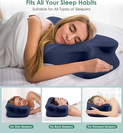 DONAMA Cervical Neck Pillow- Ergonomic Pillows for Pain Relief, Contour Memory Foam Pillow for Side/Back/Stomach Sleepers, CertiPUR-US Certified with Cooling Ice Silk Pillowcase