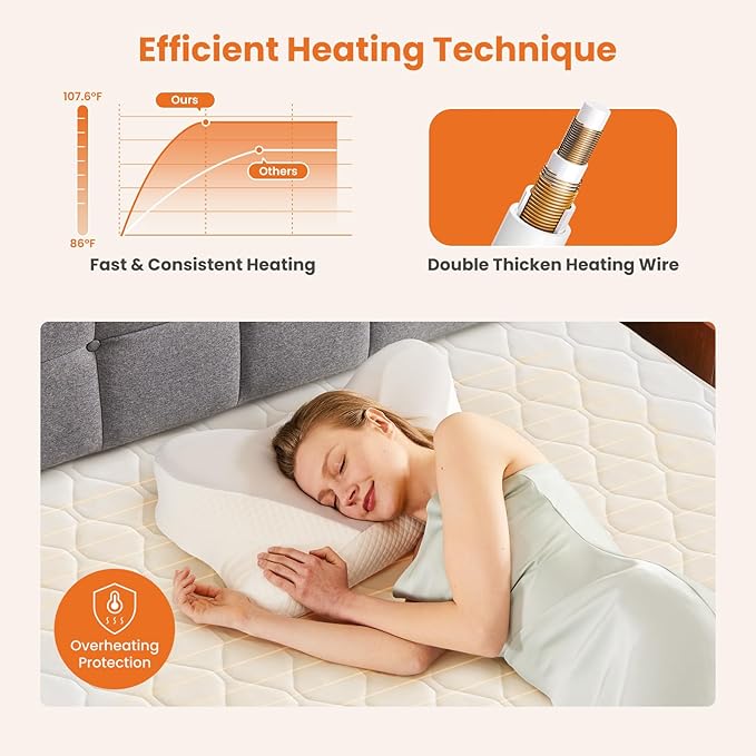 Sweetcrispy Heated Mattress Pad Twin Size (75×39″) – Quilted Electric Bed Warmer with 12 Heat Settings, 10‑Hour Auto Shut‑Off, Machine Washable, ETL Certified – White