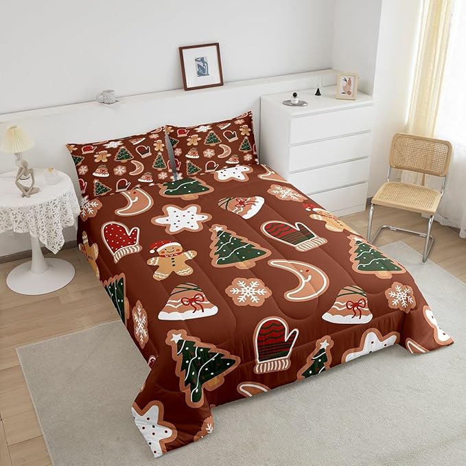 Erosebridal Merry Christmas Comforter Set for Kids Boys Girls,Cartoon Gingerbread Man Christmas Tree Bedding Full,Cute Xmas Comforter Sets,Moon Snowflake Duvet Insert with 2 Pillowcases
