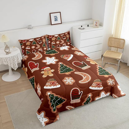 Erosebridal Merry Christmas Comforter Set for Kids Boys Girls,Cartoon Gingerbread Man Christmas Tree Bedding Full,Cute Xmas Comforter Sets,Moon Snowflake Duvet Insert with 2 Pillowcases