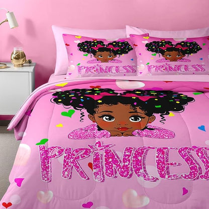 Nesker 7 Pcs Comforter Set Queen Size, Pink Princess Bedding for Kids Teen, Cute Fairy Fantasy Girl with Fitted Sheet 2 Pillowcases & 2 Shams for Bedroom Bed Decor