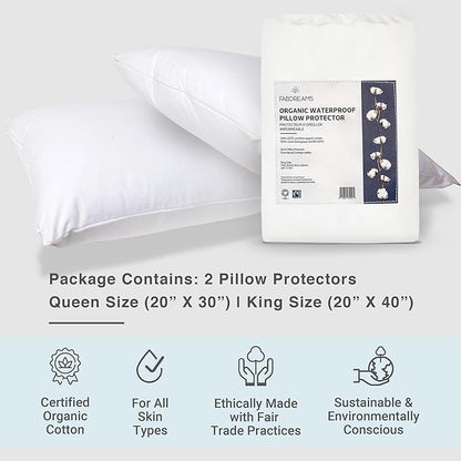 FABDREAMS Organic Waterproof Pillow Protector Set Queen Size | Pillow Cover Set of 2 | Pillow Encasement Set of 2 | Temperature Regulating | Breathable | Queen | 20” X 30” | White