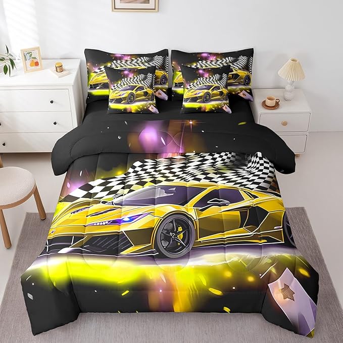 Feelyou Yellow Racing Car 7 Piece Bedding Set Twin Size Extreme Sport Comforter Set with Sheets for Kids Boys Girls Teens Toddler Fast and Furious Bed in a Bag Black White Flag Bed Set