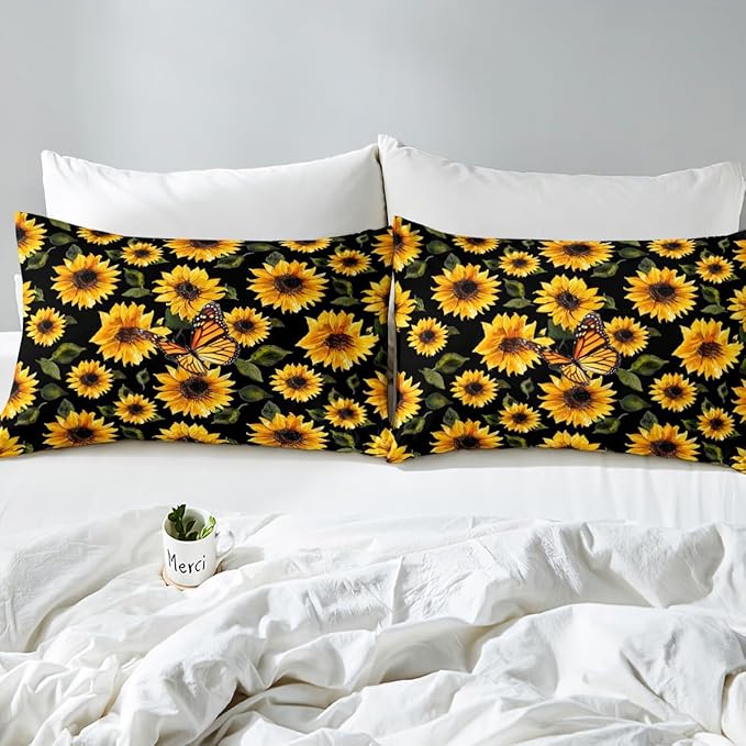 Feelyou Sunflower Bedding Set Girls Yellow Floral Butterfly Comforter Chic Flowers Pattern Comforter Set for Kids Teens Botanical Nature Duvet Set Ultra Soft Room Decor Queen Size…