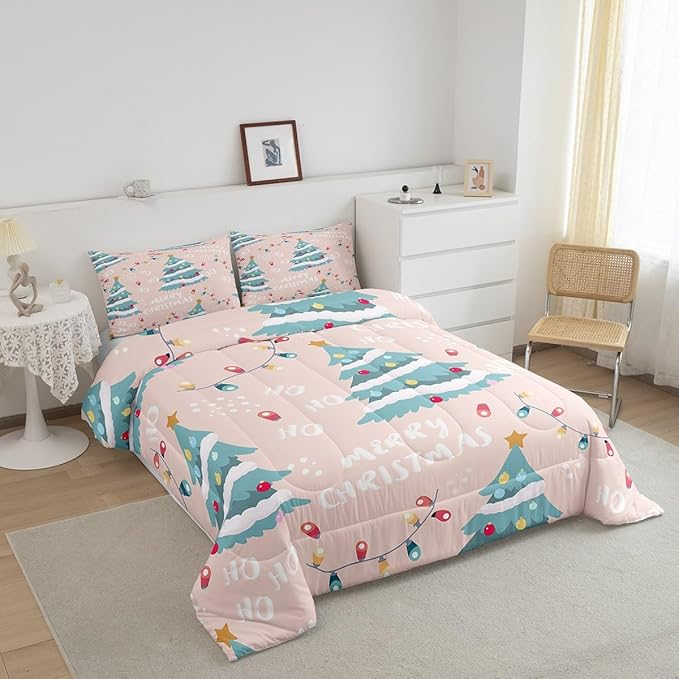 Erosebridal Christmas Tree Comforter Set for Kids Teens Adult,Xmas Bedding Queen,Happy New Year Comforter Sets,Winter Festivals Duvet Insert with 2 Pillow Shams, Pink