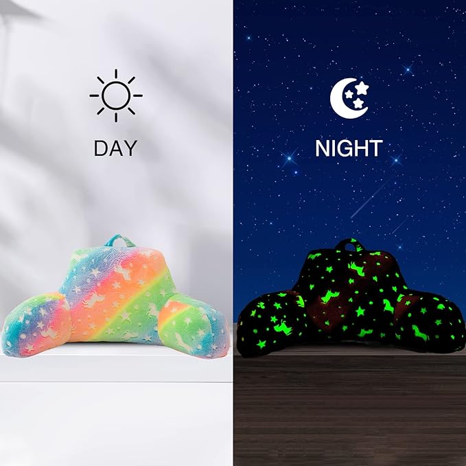 Aimuan Reading Pillow Glow in The Dark Bed Rest Wedge Kids Glow Backrest Pillow Dinosaur Print with Arms Back Support for Sitting Up in Bed Cushion, Pink-Yellow