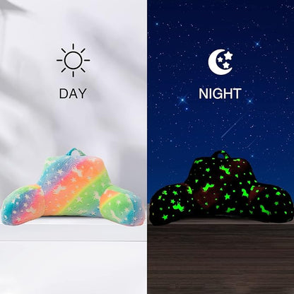 Aimuan Reading Pillow Glow in The Dark Bed Rest Wedge Kids Glow Backrest Pillow Dinosaur Print with Arms Back Support for Sitting Up in Bed Cushion, Pink-Yellow