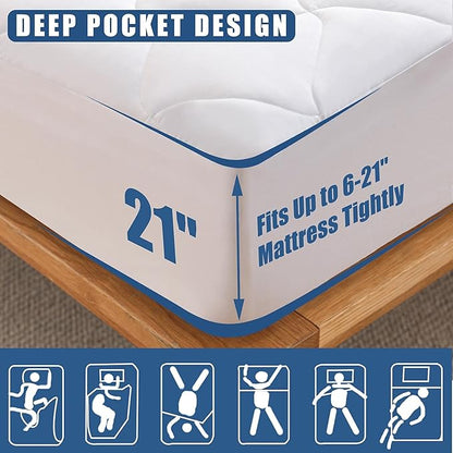Cal King Size Quilted Fitted Mattress Pad, Waterproof Breathable Cooling Mattress Protector, Stretches up to 21 Inches Deep Pocket Hollow Cotton Alternative Filling Noiseless Mattress Cover